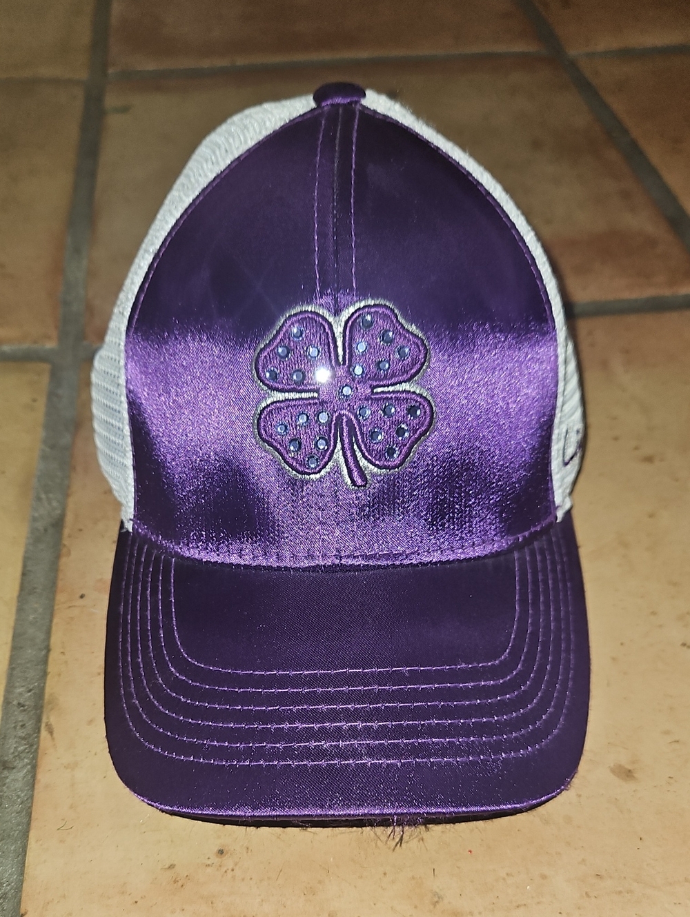 LIVE LUCKY Purple Satin Trucker Hat with Clover Embroidery
